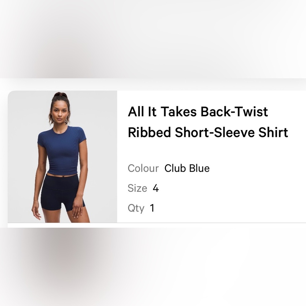lululemon athletica Club Blue Ribbed Short-Sleeve Tee, size 4